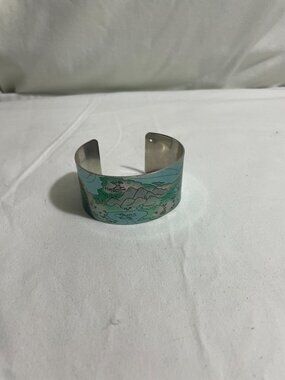 Disney Peter Pan Neverland Map Wide Cuff Bracelet Silver Tone Open Bangle